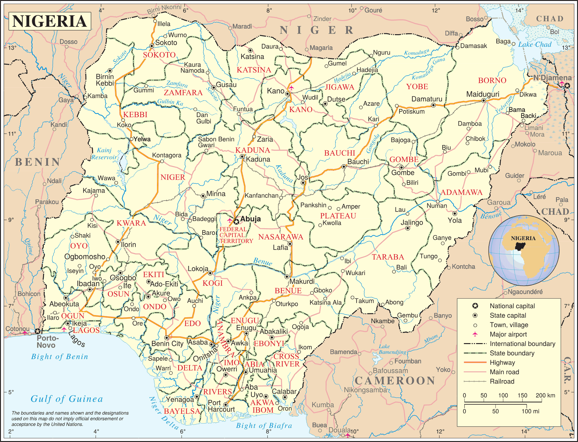 Political map of Nigeria — 36 states and the Federal Capital Territory